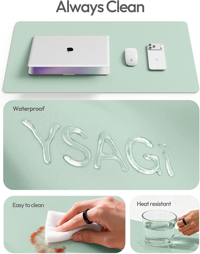 YSAGi Leather Desk Protector, Office Mat, Large Mouse Mat, Non-Slip PU Leather Blotter, Laptop Pad, Waterproof Writing Pad for Office and Home (Pale Green, 31.5" x 15.8") - Image 7