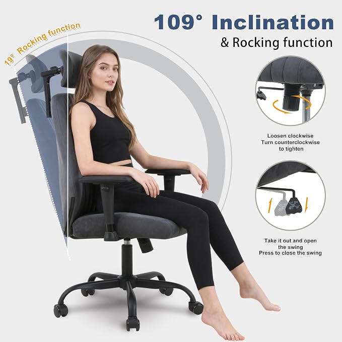 Symino Office Chair Ergonomic with 109° Rocking Function, Breathable Suede Fabric, Integrated Lumbar Support, Adjustable Headrest & Armrests, Swivel Desk Chair - Image 4