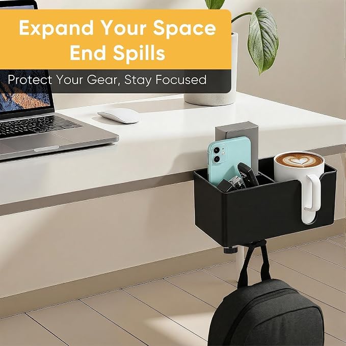 4-in-1 Clip On Desk Cup Holder, Fits up to 40oz cups - Mountable Holder with Adjustable Divider & 360° Rotating Hook - No Spill Clamp On Drink Holder Attachment - for Desk Chair Table Bed Tray - Black - Image 4