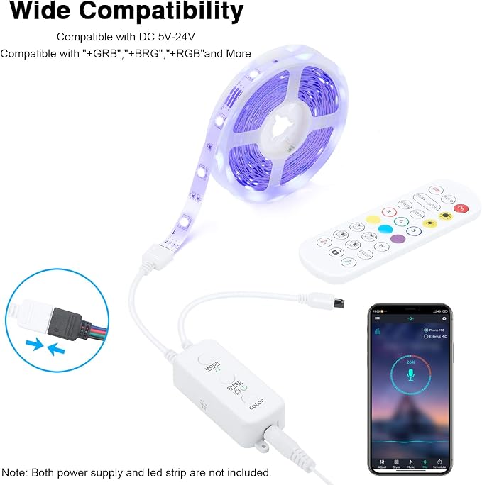 RGB LED Strip Light Controller, with APP, Music Sync and IR Remote, with Unlimited Colors and Pin Modify Feature Compatible with 5V-24V All 4-pin 10mm RGB LED Strip via Bluetooth Connection - Image 2