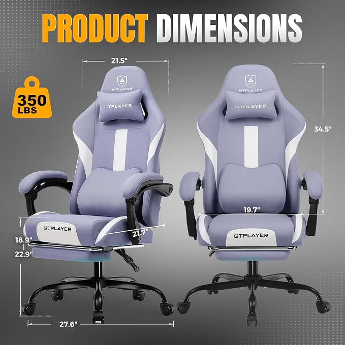 GTPLAYER Gaming Chair with Foot Rest & Pocket Spring Cushion, Ergonomic High Back Computer Desk Chair with Headrest & Lumbar Support for Back Pain Relief, Breathable Fabric, Purple - Image 2