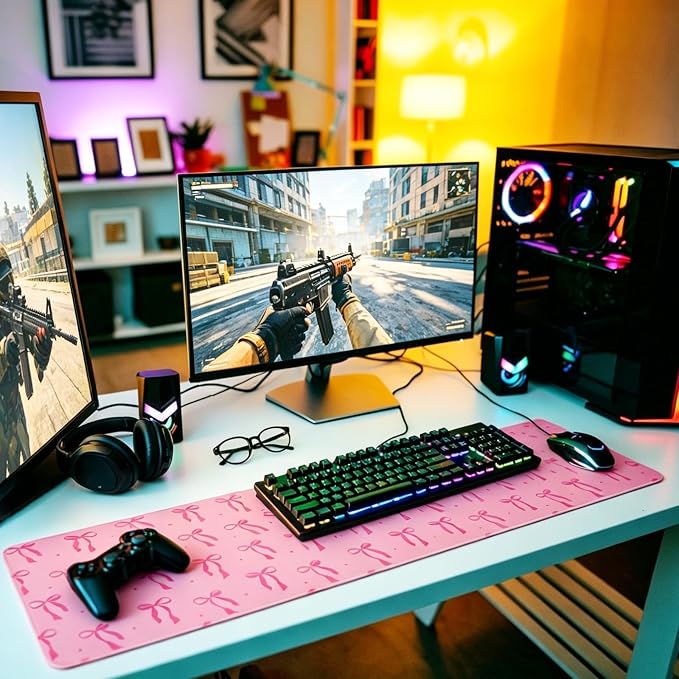 Large Gaming Mouse Pad 31.5 x 11.8in Desk Mat for Office Mousepad Anti-Skid Rubber Base Soft Comfortable and Durable Desk Pad (Pink Bow) - Image 4
