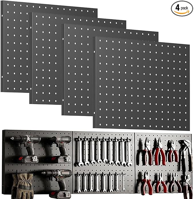 Black Peg Board Wall Organizer, Heavy Duty 4-Panel Pegboard, Each 16" X 12" Metal Peg Wall, Peg Board Garage Organization, Pegboards For Wall, Tool Storage, Office Organization, Craft Room by Unknown