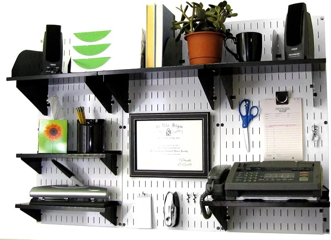 Wall Control Office Organizer Unit Wall Mounted Office Desk Storage and Organization Kit White Slotted Wallboards and Black Accessories by Wall+Control