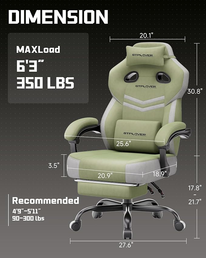 GTPLAYER Big & Tall Gaming Chair, Wide Seat with Footrest, Green | Ergonomic High Back Computer Desk Chair for Adults, Comfort Padded Seat with Lumbar Support Armrests Recliner for Office/Home - Image 3