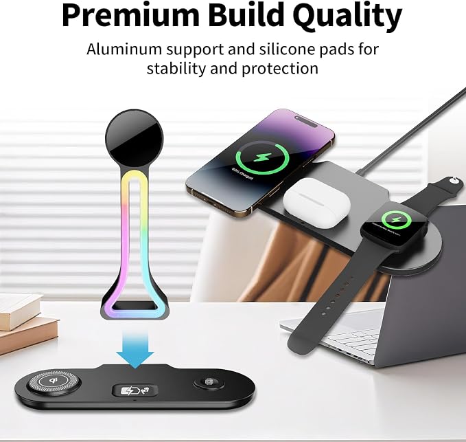 Transform Your Desk – 3-in-1 Wireless Charging Station with Headphone Stand, Dual USB Ports, 15W Fast Charger for Phone/A-irPods/A-pple Watch, RGB Light, LED Alarm Clock – Charge 5 Devices at Once - Image 6