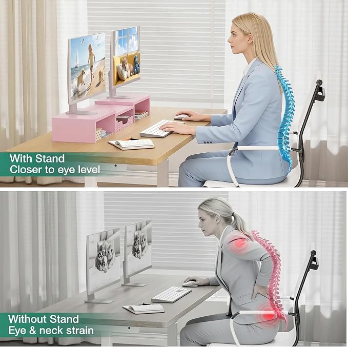 OPNICE Dual Computer Monitor Stand Riser, Desk Organizer with Drawer, Office Desk Accessories & Workspace Organizers for Home Office Supplies, Pink - Image 2