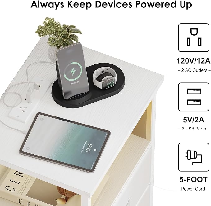 Fixwal Night Stand with Charging Station, White Led Nightstand, 2 Drawers - Image 5