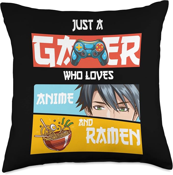 Just A Gamer Who Loves Anime and Ramen Boy Kids funny animes Throw Pillow by Unknown