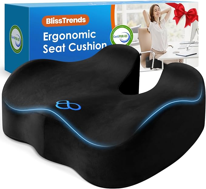 BlissTrends Memory Foam Seat Cushion for Office Chair & Car Seat, Black | Ergonomic Tailbone & Sciatica Support with Removable Velvet Cover for Pressure Relief and Long Sitting Comfort, 3.3" Thick by BlissTrends