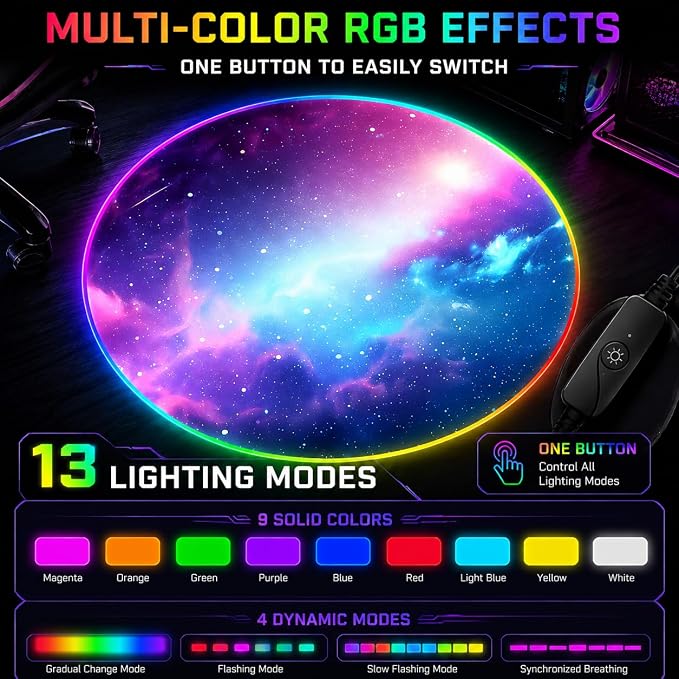 Gaming Chair Mat for Hardwood Floor Circle RGB Gaming Lights (Galaxy 47”) - Noise Cancelling, Anti-Slip Gamer Floor Mat – Scratch Resistant Computer Gaming Mat for Chair – Office Chair Mat - Image 2