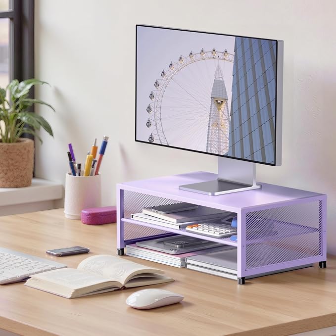 ECOLOVI 2-Tier Computer Monitor Stand Riser, Printer & Laptop Stand, Office Desk Accessories, Workspace Desk Organizer for Home Office Supplies, Purple - Image 2
