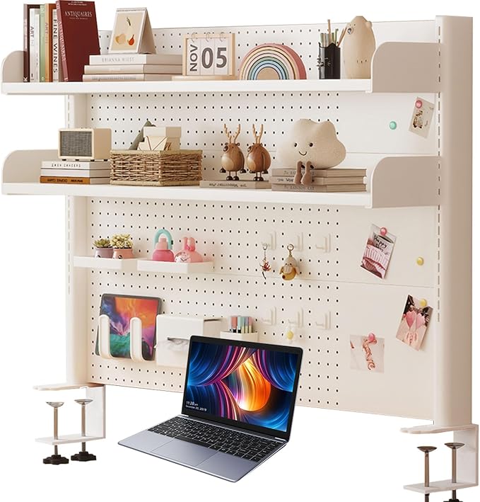 Pegboard Wall Organizer Panels.3-Tier Clamp On Desk Shelf with Pegboard, White Desktop Bookshelf for Home Office, Dorm & Gaming - 23.6in Storage Display Rack - Image 8