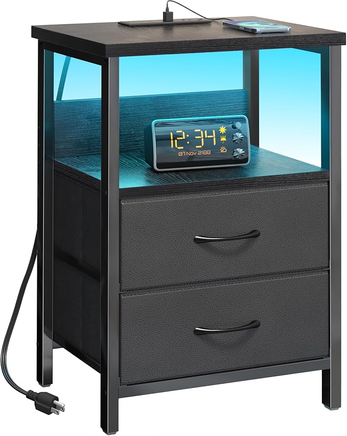 Fixwal Night Stand with Charging Station, Black Led Nightstand, 2 Drawers by Fixwal