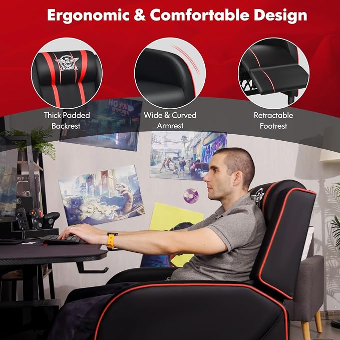GYMAX Gaming Recliner, Massage Gaming Chair with Adjustable Footrest, Remote Control & Side Pocket, Ergonomic Game Lounge Chair, Racing Style Single Theater Seat Game Sofa for Adults (Red) - Image 5