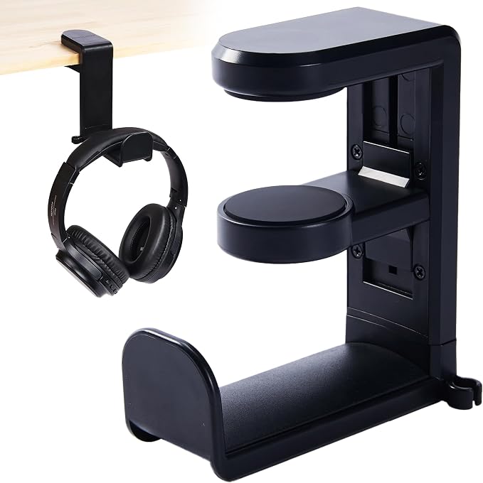Headphone Stand for Desk - Clamp-On Headset Holder with 360° Rotating Hook | Universal fit, built-in cable management, space-saving clamp design, sturdy support for gaming, office & studio headsets by Unknown