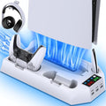 PS5/PS5 Slim/PS5 Pro Stand and Cooling Station with Dual Controller Charging Station for PlayStation 5 Console, PS5 Accessories Incl. Controller Charger, Cooling Fan, Headset Holder, 3 USB Hub, White by Unknown