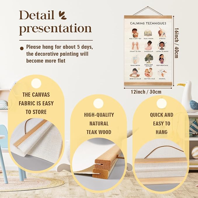 Feelings Chart & Emotional Learning Poster, Hanging Linen Canvas Wall Art with Solid Wood Frame, Montessori Social Skills Poster for Kids, Home & Classroom Decor – 2Piece Set 12x16 Inches (Feelings) - Image 2