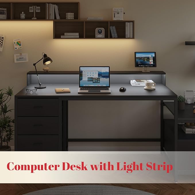 Gaming Desk with Storage Drawers, Computer Desk with Shelves & Charging Station, Corner Writing Table with Pegboard for Small Space, Home Office Desk, Black - Image 7