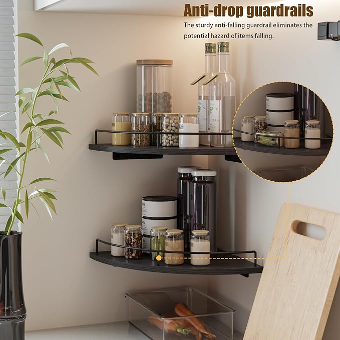 Corner Floating Shelves, Rustic Brown Wood, Set of 2, Wall Mount Storage with Guardrail for Bathroom Kitchen Living Room (Black) - Image 5