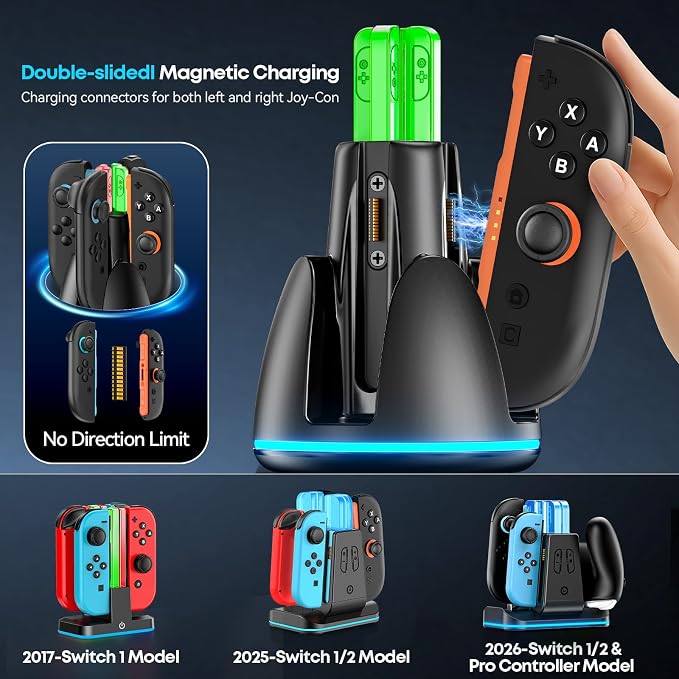 Switch Joycon Charger for SW 2 Model, Fast SW Charger Station with 9 RGB Lighting Modes & Dual-Direction Magnetic, Switch 2 Controller Charging Dock Accessories - Image 3