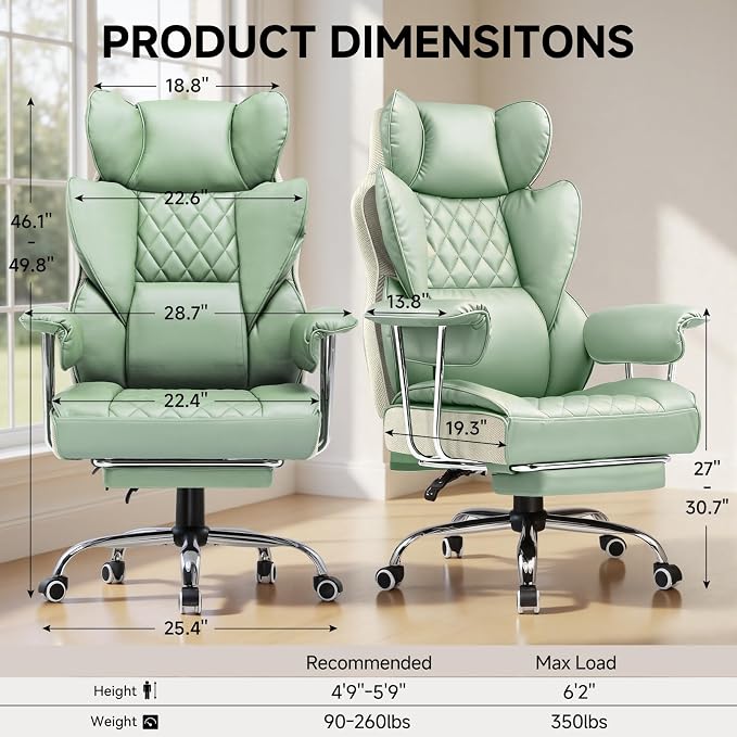 COMHOMA Big and Tall Office Chair, High Back Leather Gaming Chair with Footrest, Executive Ergonomic Office Chairs with Pocket Spring Lumbar Support and with Outward Fixed Soft Armrests - Image 3