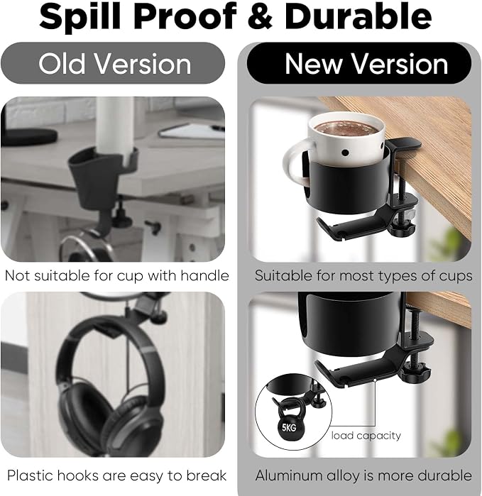 OOKUU 2 in 1 Desk Cup Holder with Headphone Hanger, Anti-Spill Cup Holder for Desk or Table, Easy to Install, Sturdy and Durable, Enough to Hold Coffee Mups, Water Bottles, Headphones (Pack of 2) - Image 6