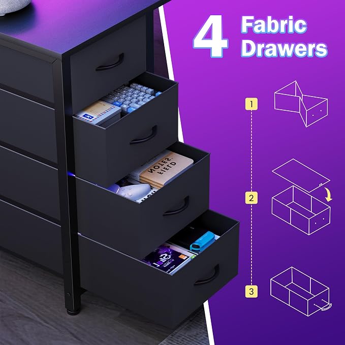 55in Gaming Computer Desk with Drawers & Storage Shelf & Iron Hook, Black - Image 7