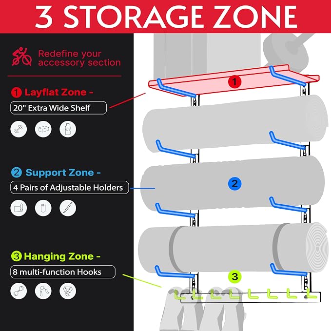 Home Gym Wall Storage Shelf, 1 Board & 4 Adjustable Holders Sets - Image 2