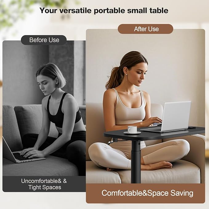 Muvai Overbed Bedside Table with Hidden Casters,30 Inches Adjustable Height Pneumatic Mobile Laptop Standing Desk, Rolling Computer Table for Home & Hospital Use ，Black 30" W x 17.7" D - Image 7