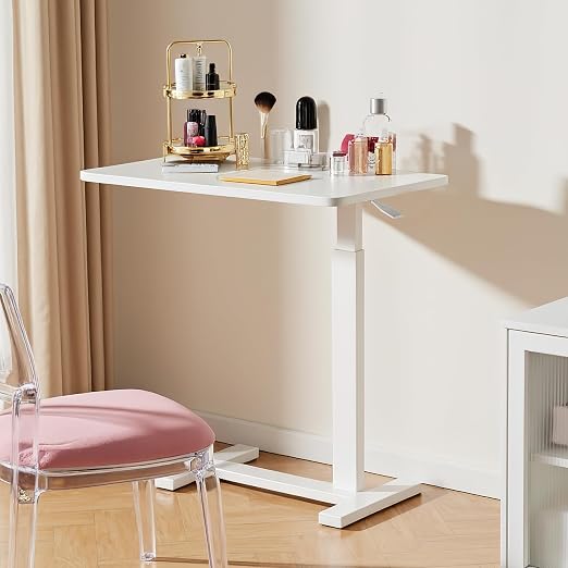 Overbed Bedside Table with Hidden Casters, Adjustable Pneumatic Mobile Laptop Computer Standing Desk, Rolling Laptop Table, Movable Overbed Table Hospital Home Use, White - Image 8