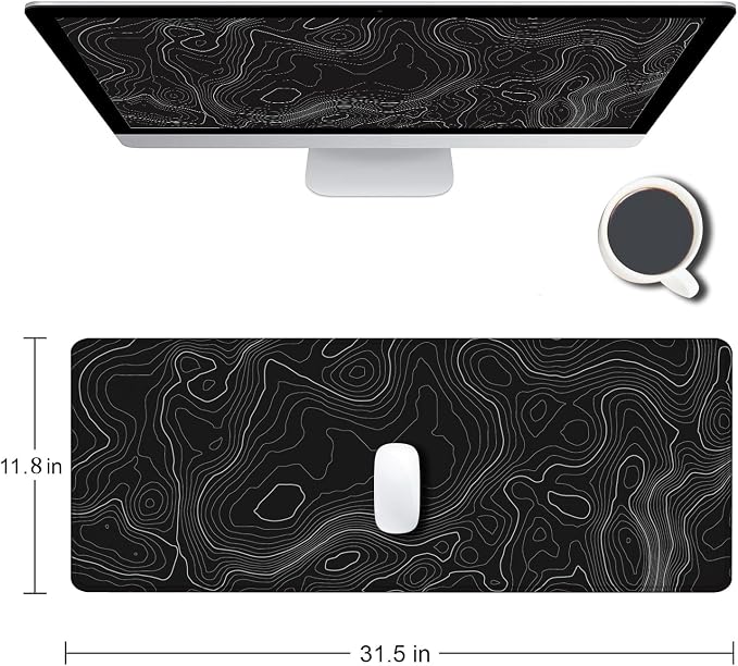 Gaming Mouse Pad, Large Topographic Mouse Pads for Desk, Non-Slip Rubber Base Mousepad, Keyboard Mouse Mat, Desk Pad with Stitched Edges, 31.5x11.8inch, Black Geographic Lines - Image 2