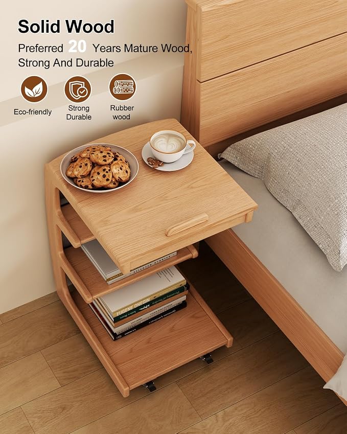 AQIMUELE Wooden C-Shaped End Table,Couch Desk with 2 Lockable Wheels,4-Tier Couch Table with Storage Bag,Small Rolling Side Table Tv Trays for Couch, Living Room,Bedroom (Natural) - Image 4