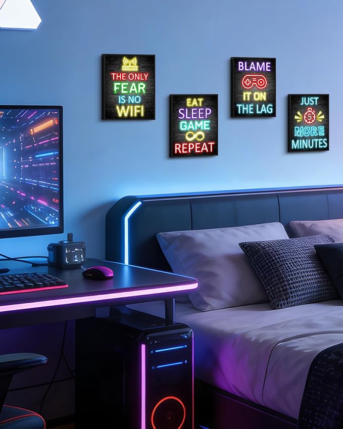 KUVIOKE Video Gamer Room Decor for Teen Boys Gaming Wall Art Gamer Neon Sign Teenage Bedroom Decor Ready to Hang Set of 4, 8x10in (Framed) - Image 2