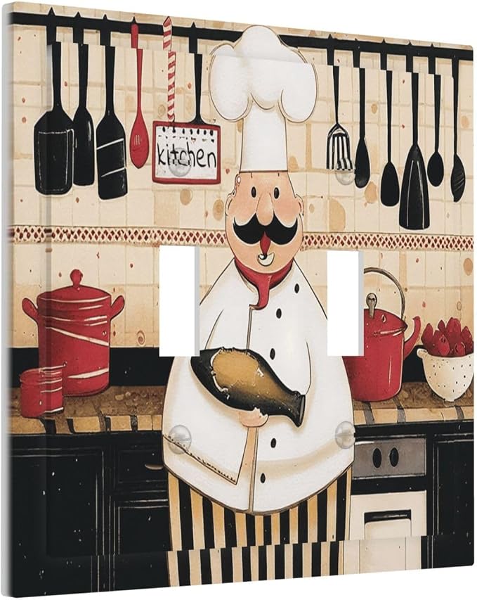Decorative Light Switch Cover Plate Cartoon Fat Happy Chef Cook 2 Gang Switch Plate Covers Double Toggle Wall Plate Dual Device Electrical Switchplate Dimmer Faceplate for Farmhouse Kitchen - Image 2