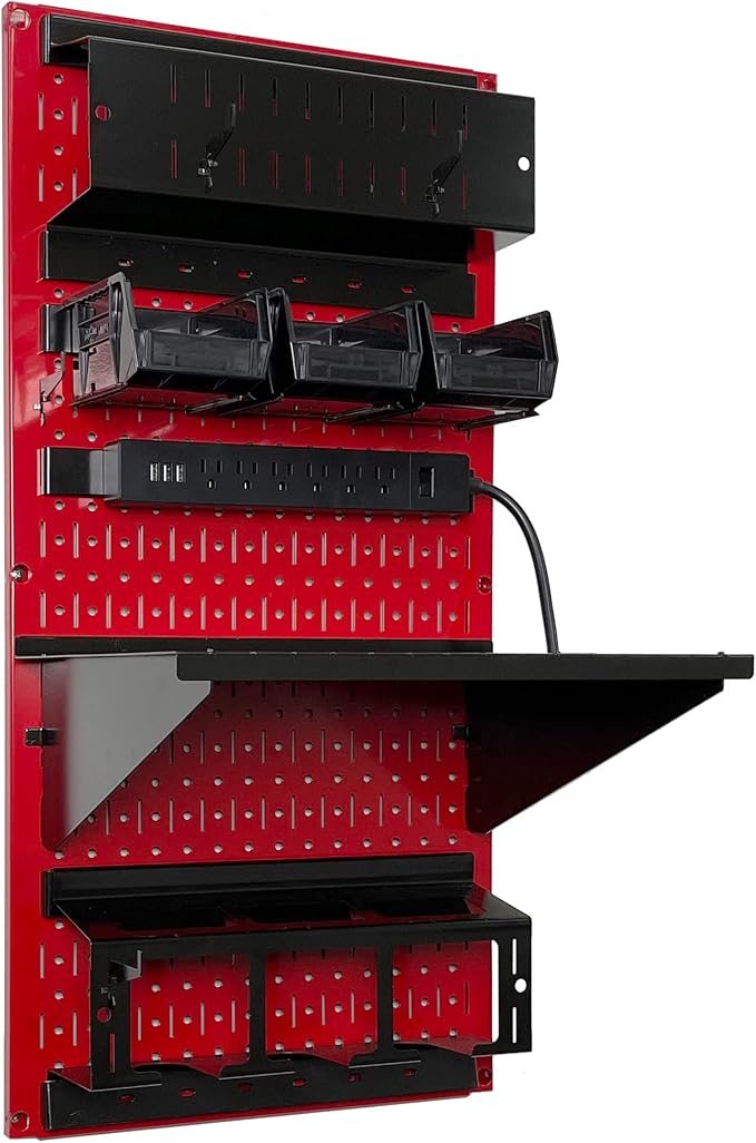 Wall Control Power Tool Storage Organizer Kit Cordless Drill Holder Charging Station Rack 16” x 32” Metal Pegboard Organization System (Red Pegboard) - Image 2