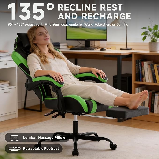 Ergonomic Gaming Chair,A Versatile 3-in-1 Video Game Chair for Work, Study, and Gaming,Features an Adjustable Backrest, Footrest, and Linked Armrests Office Chair for Adults,Blackgreen - Image 3