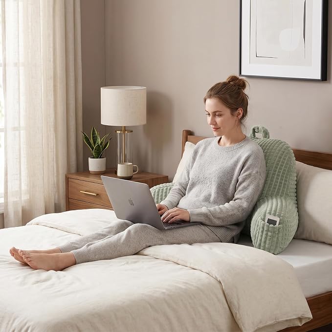 Reading Pillow with Arms for Sitting in Bed,Backrest,Green Flannel,M | 17" Backrest Supports Back for College Students,Elbows & Forearms for Dorm Reading,Gaming,Watching TV - Image 2