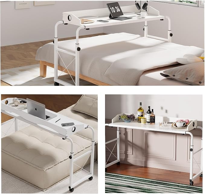 Overbed Table with Wheels, Adjustable Queen & King Bed Desk, White - Image 6