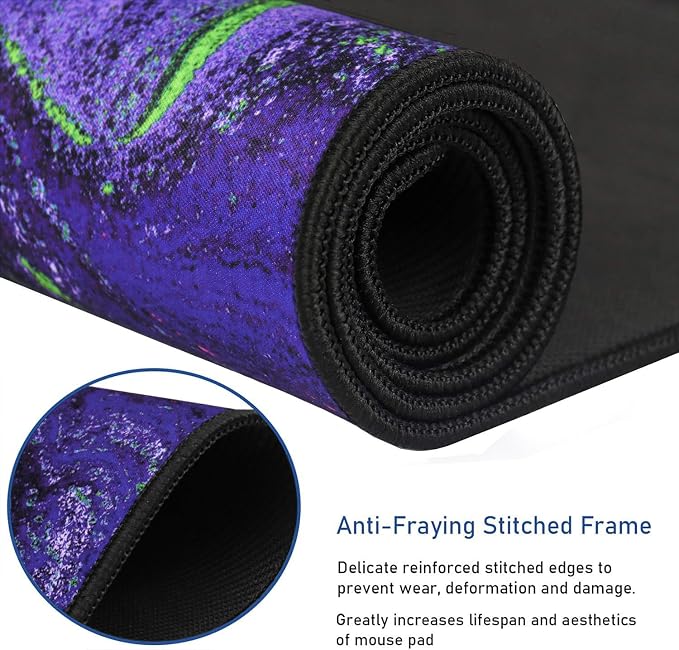 Large Mouse Pad with Stitched Edges, Durable Non-Slip Natural Rubber Base, Waterproof Computer Keyboard Pad Mat for Esports Pros/Gamer/Desktop/Office/Home - Purple Green - Image 2