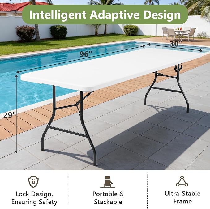 8FT Folding Table, Heavy Duty Plastic Fold-in-Half Utility Table with Handle, Portable Camping Picnic Table with Steel Legs for Indoor Outdoor Party, Dining, White - Image 3
