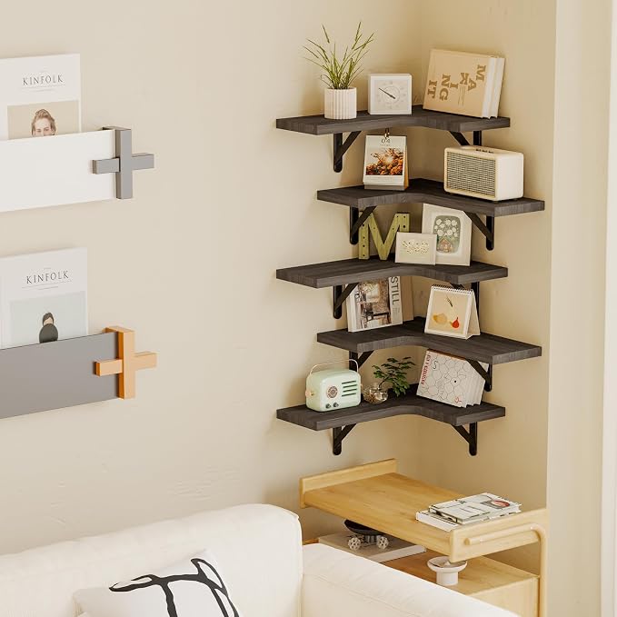 Fixwal Conner Shelves Wall Mounted for Decor, Weathered Grey Set of 5 - Image 5