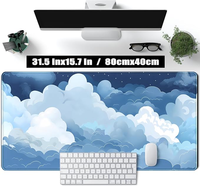 Aesthetic Blue and White Puffy Clouds Desk Mat, XXL Large Kawaii Blue Extended Gaming Mouse Pad with Stitched Edges, Cute Big Laptop Keyboard and Mouse Mat for Women Office Decor Mat 31.5x15.7 in - Image 2