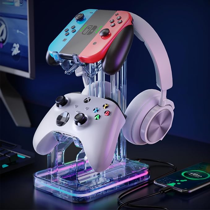 Luckit Gaming Headphones Stand, RGB Headset Stand with 2 USB Charging Ports, Dual Controller Holder with Light Modes, Earphone Hanger Accessories for Desktop Gamer - Image 7
