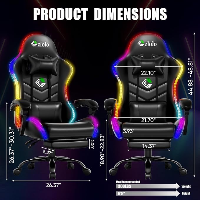 Czlolo Gaming Chair, RGB LED Lights Computer Chair with Footrest, Lumbar Support Massager Gamer Chair, High Back, 90-135° Reclining, Linkage Armrests, Black - Image 2