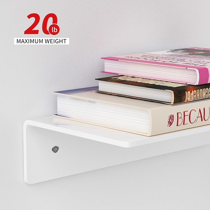Sezanrpt 17 Inches Acrylic Wall Shelves 2 Pack, Floating Shelf for Wall Mounting, Acrylic Display Ledges for Funko Pop Figures, Home Décor, Living Room, Gaming Room, Plants(17 inch, White) - Image 4