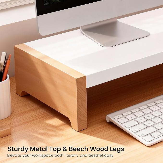 ARCOBIS Monitor Stand Riser | White Metal & Wood Computer Monitor Stand Riser for Desk, Max Load Capacity 40LB - Image 3