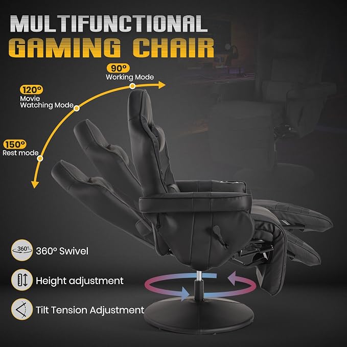 Massage Gaming Recliner Chair with Cup Holder & Side Pockets – Ergonomic PU Leather Video Gaming Chair with Footrest, Manual Recline, Headrest & Lumbar Support for Office or Game Room (Black) - Image 5