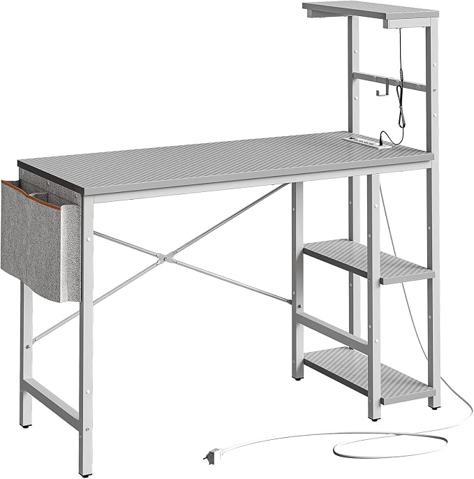 Bestier Gaming Desk with Power Outlets, 44 Inch Led Gamer Desk with 4 Tiers Reversible Shelves, PC Gaming Table with Headset Hook & Side Storage Bag for Bedroom (Grey 3D Carbon Fiber) - Image 7