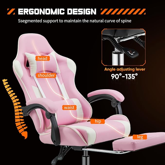 Sweetcrispy Video Game Chair, Ergonomic Computer Desk Chair, Lumbar Support | High Back PU Leather, Headrest Linkage Armrest, Height Adjustable 360 Swivel, Adults, Pink - Image 4